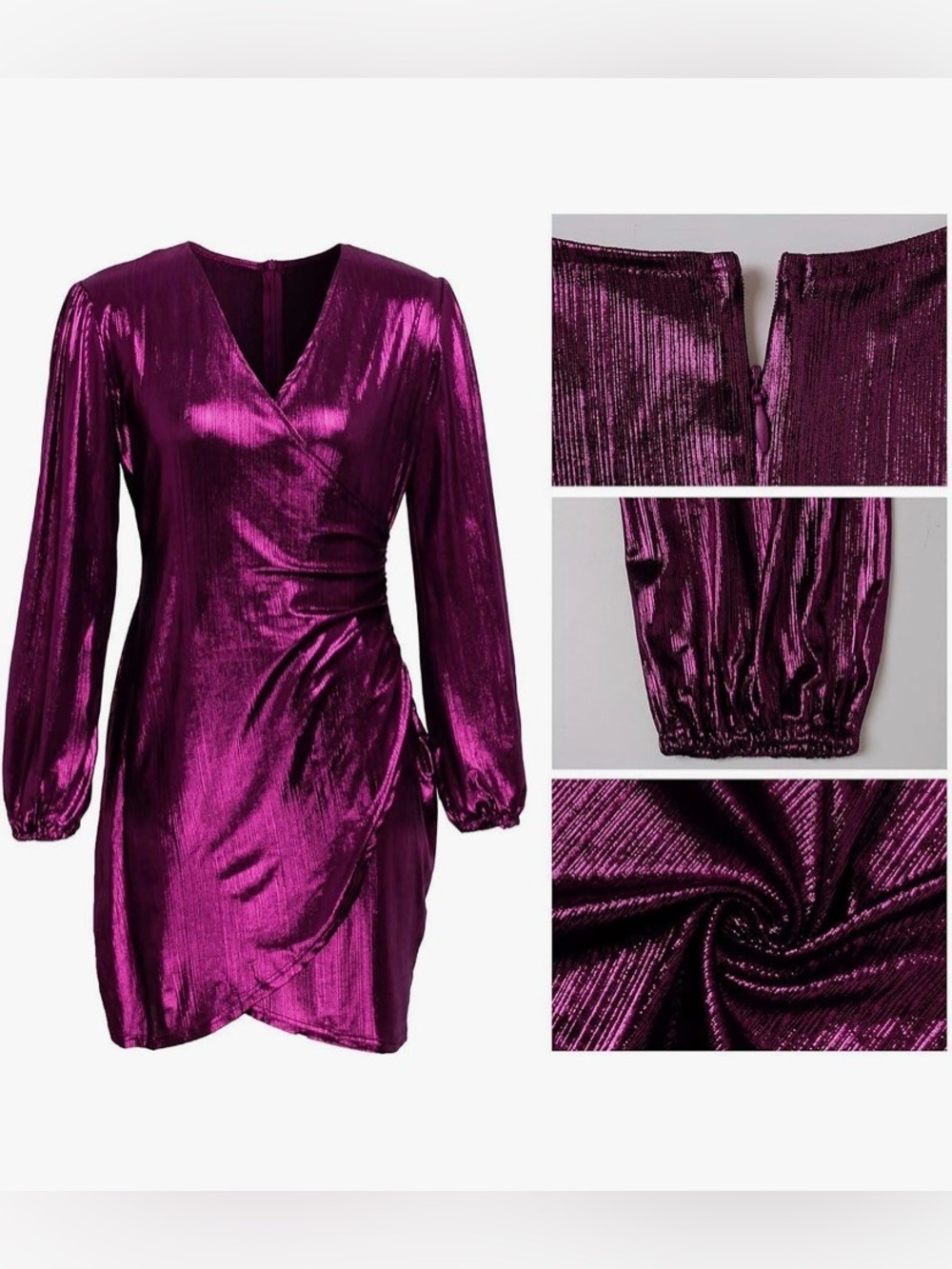 Metallic ✨ Purple Faux Wrap-Front Long Sleeve Party Dress 💜